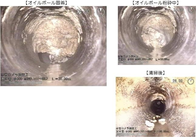 下水道管内で固着した油脂分(オイルボール)と除去作業(清掃)