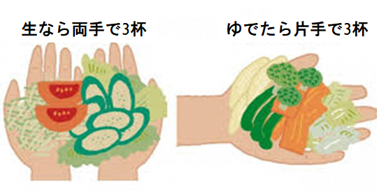 野菜350gは、生だと両手のひら3杯分。ゆでたら片手のひら3杯分。