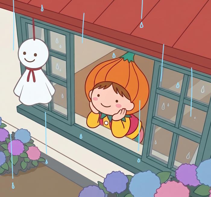 家の中からてるてる坊主と雨を眺めるタッピー