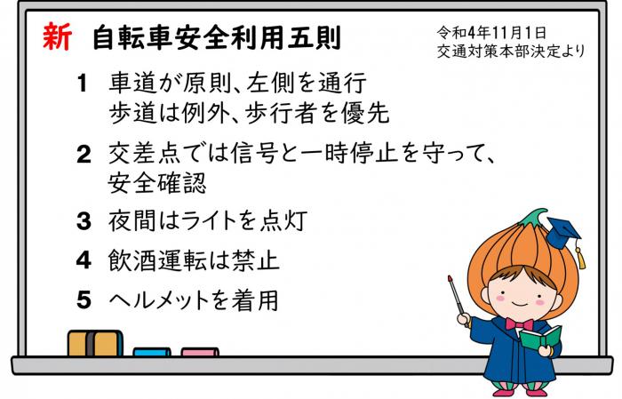 自転車安全利用五測、1車道が原則、左側を通行、歩道は例外、歩行者を優先。2交差点では信号と一時停止を守って、安全確認。3夜間はライトを点灯。4飲酒運転は禁止。、5ヘルメットを着用