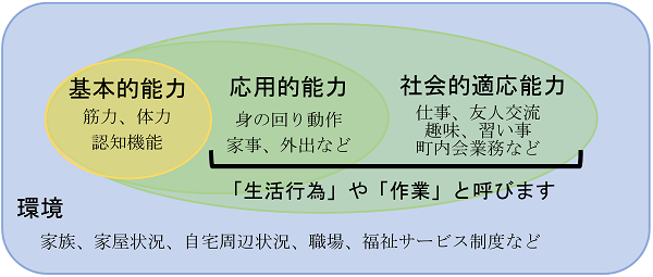 基本的能力：筋力、体力、認知機能。応用的能力：身の回り動作、家事、外出など。社会的適応能力：仕事、友人交流、趣味、習い事、町内会業務など。（応用的能力、社会的適応能力＝「生活行為」や「作業」と呼びます）環境：家族、家屋状況、自宅周辺状況、職場、福祉サービス制度など。