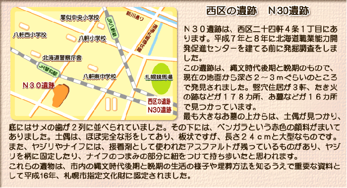 西区の遺跡N30遺跡N30遺跡は、西区二十四軒4条1丁目にあります。平成7年と8年に北海道職業能力開発促進センターを建てる前に発掘調査をしました。この遺跡は縄文時代後期と晩期のもので、現在の地面から深さ2～3mぐらいのところで発見されました。竪穴住居が3軒、たき火の跡などが178カ所、お墓などが16カ所で見つかっています。最も大きなお墓の上からは、土偶が見つかり、底にはサメの歯が2列に並べられていました。その下には、ベンガラという赤色の顔料がまいてありました。土偶は、ほぼ完全な形をしており、板状ですが、長さ24cmと大型なものです。また、ヤジリやナイフには、接着剤として使われたアスファルトが残っているものがあり、ヤジリを柄に固定したり、ナイフのつまみの部分に紐をつけて持ち歩いたと思われます。これらの遺物は、市内の縄文時代後期と晩期の生活の様子や埋葬方法を知るうえで重要な資料として平成16年、札幌市指定文化財に認定されました。