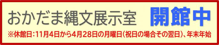 おかだま縄文展示室開館中※休館日:11月4日から4月28日月曜日（祝日の場合その翌日）、年末年始