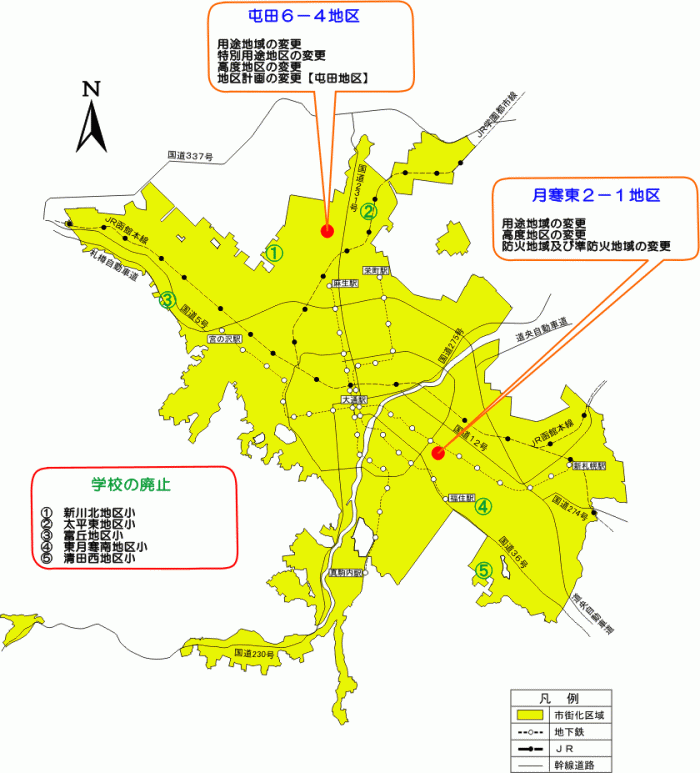 位置図：各学校の概ねの位置（平成19年（2007年）2月20日告示）