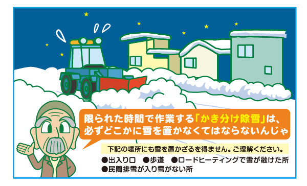 限られた時間で作業する「かき分け除雪」は、必ずどこかに雪を置かなくてはならない