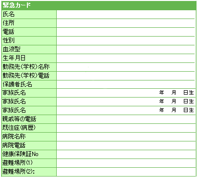 氏名、血液型、病歴などを記載する緊急カードの一例