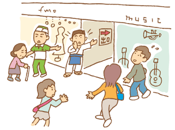 お店の人が利用客を避難誘導しているイラスト