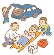 けが人を担架に乗せ車で搬送しようとしているイラスト