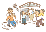 壊れた住宅から住人を救出する従業員たちのイラスト