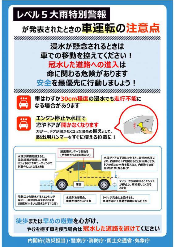 レベル５大雨特別警報が発表されたときの車運転の注意点
