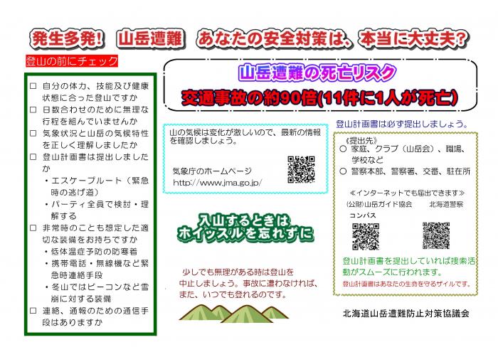 北海道山岳遭難防止対策協議会からの啓発ポスター。山岳遭難の死亡リスク、交通事故の約90倍、11件に1人が死亡。登山の前にチェック。自分の体力、技能、健康状態に合った登山ですか。日数合わせのために無理な行程を組んでいませんか。気象状況と山岳の気候特性を正しく理解しましたか。登山計画書は提出しましたか。緊急時の逃げ道。パーティー全体で検討、理解する。非常時のことも想定した適切な装備を持ちましたか。低体温症予防の防寒着。携帯電話、無線機など緊急時連絡手段。冬山ではビーコンなど雪崩に対する装備。連絡、通報のための通信手段はありますか。山の気候は変化が激しいので、最新の情報を気象庁のホームページなどで確認しましょう。登山計画書は必ず提出しましょう。提出先。家庭、山岳会、職場、学校、警察署、交番、駐在所。インターネットでも公益財団法人山岳ガイド協会や北海道警察に提出できます。登山計画書を提出していれば、捜索活動がスムーズに行われます。少しでも無理があるときは登山を中止しましょう。事故に遭わなければ、またいつでも登れるのです。