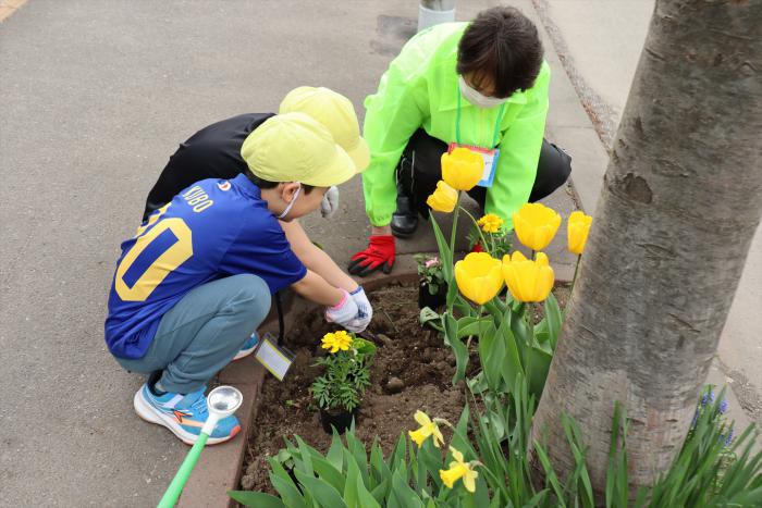 幌北第7町内会との花植えのようす