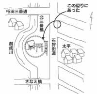 創成川と石狩街道、さなえ橋と屯田三番通の間に太平神社があったことを示す地図
