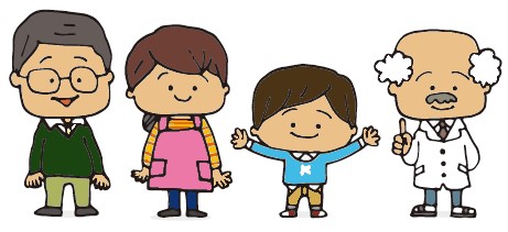 イラスト：子どもの権利キャラクターきらりくんと父、母、子どもの権利博士