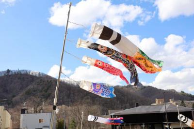 定山渓神社前の階段の鯉のぼり