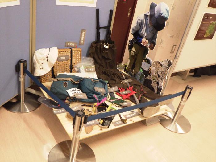 採取に使う道具や、カメラ、腕章、クマ避けグッズなど十数点