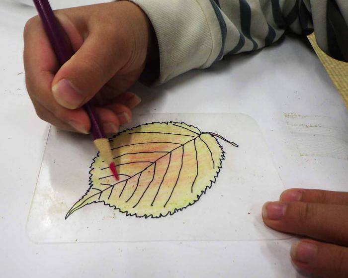 プラバンに色鉛筆で色を塗っている様子。