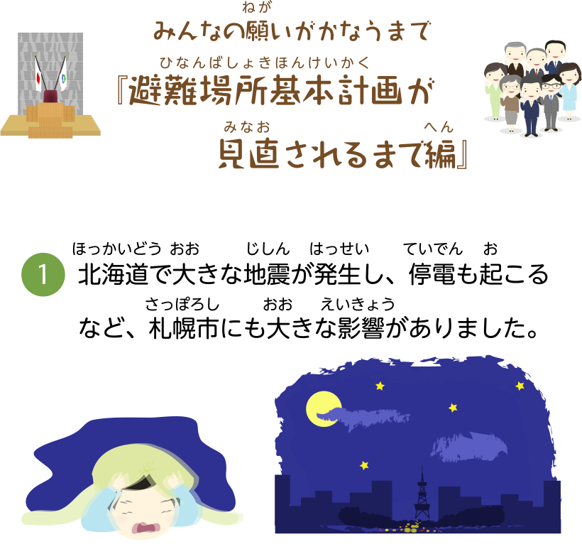みんなの願いがかなうまで『避難場所基本計画が見直されるまで編』北海道で大きな地震が発生し、停電も起こるなど、札幌市にも大きな影響がありました。