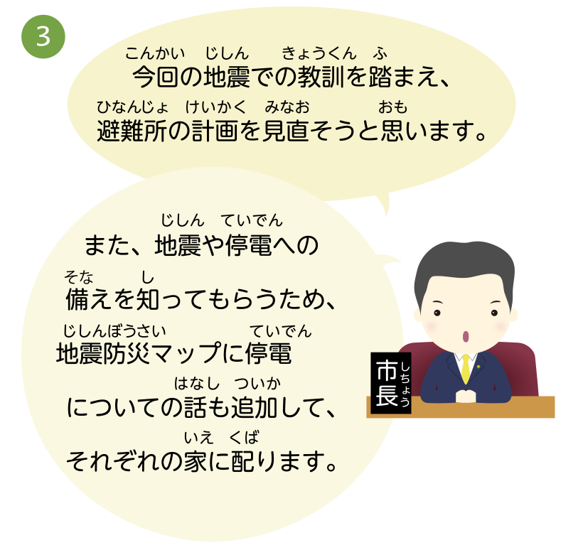 今回の地震での教訓を踏まえ、避難所の計画を見直そうと思います。また、地震や停電への備えを知ってもらうため、地震防災マップに停電についての話も追加して、それぞれの家に配ります。