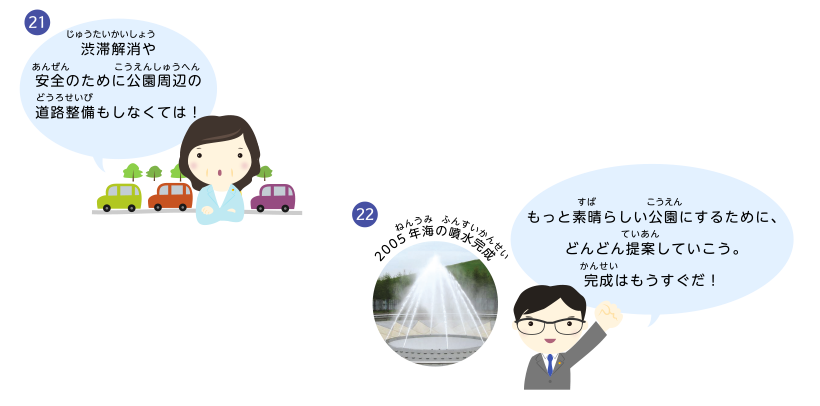 渋滞解消や安全のために公園周辺の道路整備もしなくては！もっと素晴らしい公園にするために、どんどん提案していこう。完成はもうすぐだ！