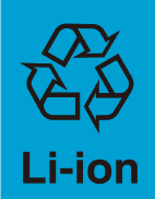 リチウムイオン電池のリサイクルマーク（スリーアローマークにLi-ionの表示）
