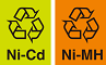 ニカド電池、ニッケル水素電池のリサイクルマーク（スリーアローマークにNi-CdまたはNi-MHの表示）