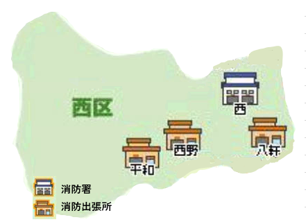 西区内の消防署と消防出張所の配置図