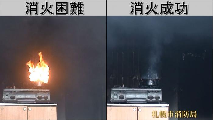発火した天ぷら油の消火困難事例の比較画像