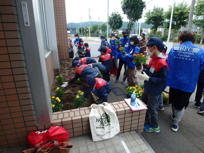 花壇に花を植えている様子