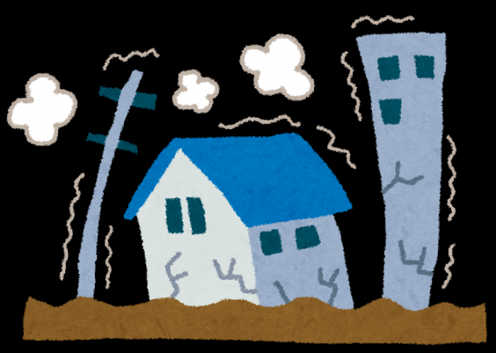 地震で家やビルが揺れているイラスト