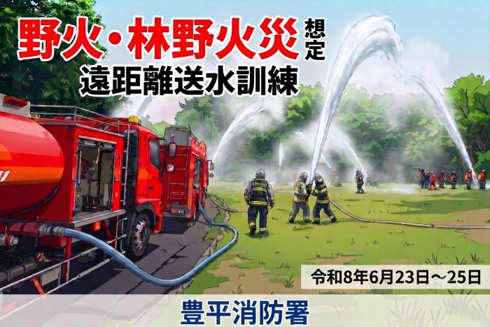 野火・林野火災想定の遠距離送水訓練の状況(アニメ調)