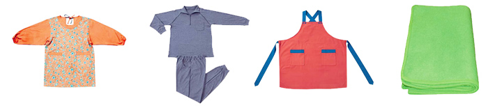 防炎品の例：割烹着、パジャマ、エプロン、寝具
