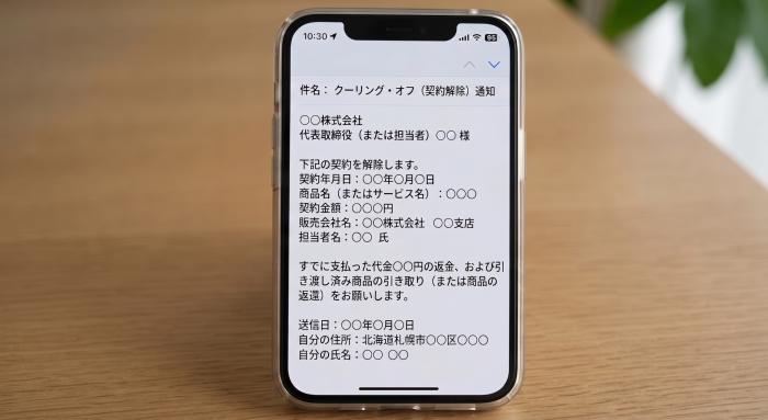 クーリングオフのメールを送信する際に参考となるような文面を載せたスマートフォンの画像