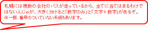 札幌には複数の会社のバスが走っているから、全てに当てはまるわけではないんじゃが、大きく分けると数字のみと文字＋数字があるぞ。※一部、番号のついていない系統もあります。