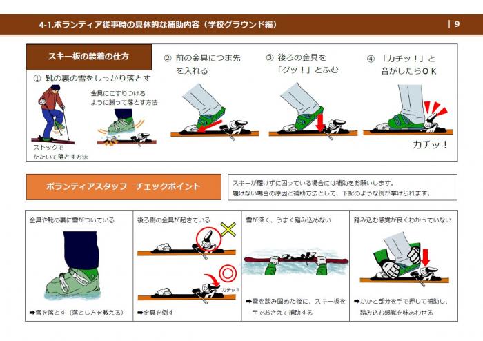 学校グラウンドにおけるスキー板の装着補助