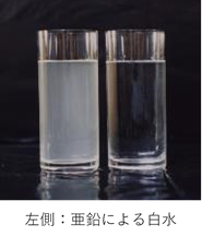 写真：左側のコップが亜鉛によって白くにごった水、右側のコップが異常のない透明な水
