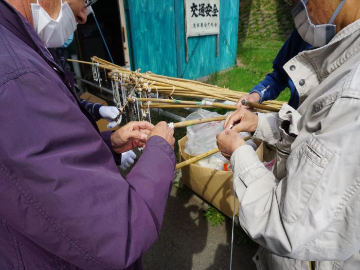 写真：こいのぼりに背骨（竹）を入れている様子