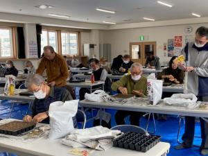 専用容器に種をまく参加者