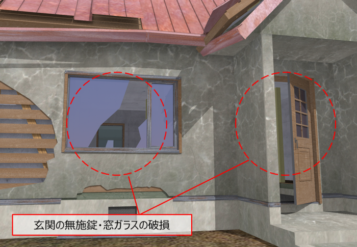 画像：玄関の無施錠・窓ガラスの破損