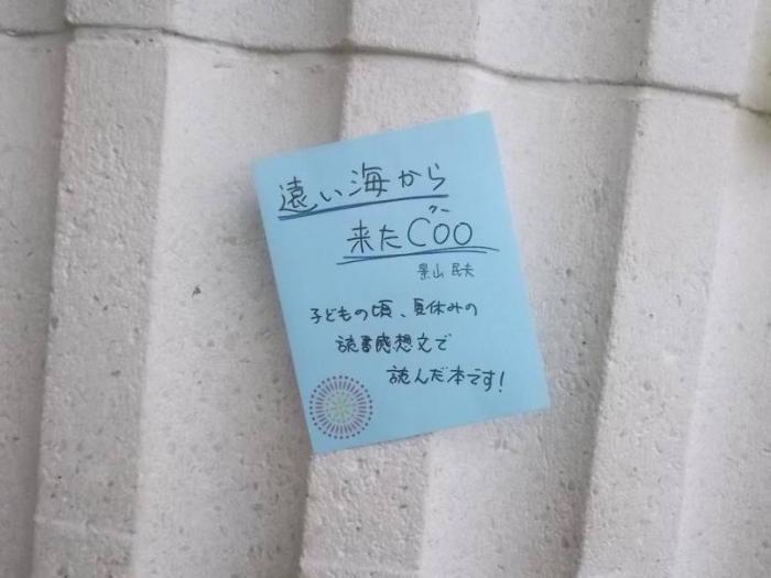POPの記載例です。記載内容は次のとおりです。『遠い海から来たCOO』景山民夫。子どもの頃、夏休みの読書感想文で読んだ本です！
