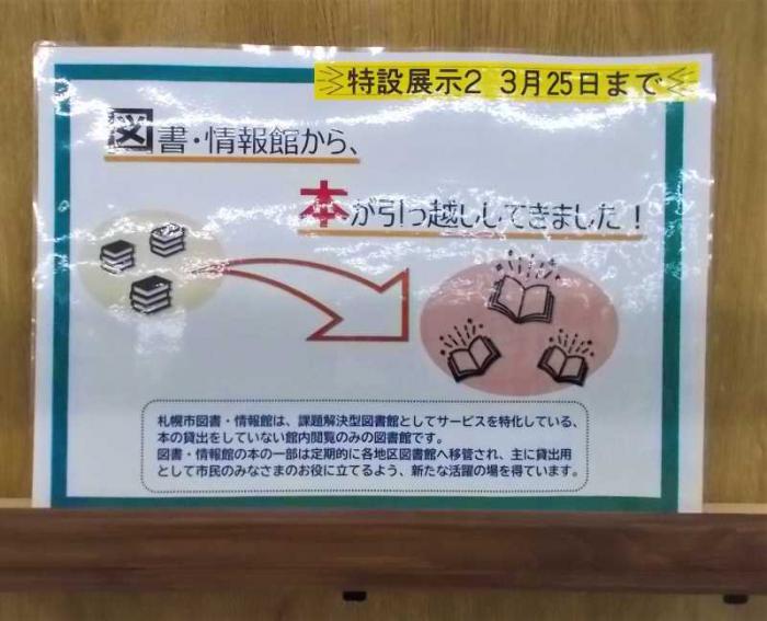 展示の看板写真です。本の引っ越しの様子をピクトグラム風に表現しています。