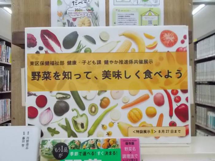 展示の看板写真です。色とりどりの野菜を背景にしたデザインです。
