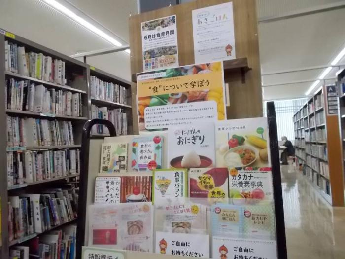 展示の全体写真です。関連本を表紙が見えるように展示しています。食育に関するリーフレット類も配架しています。
