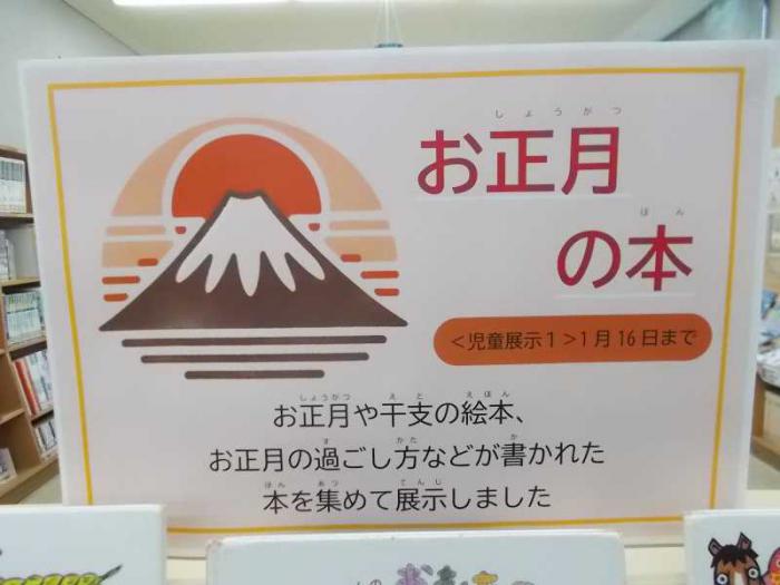 展示の看板写真です。富士山と初日の出のイラストを添えています。